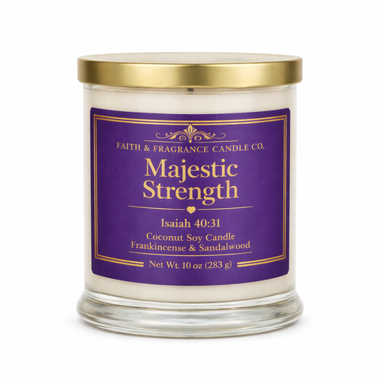 Majestic Strength – Christian Candle with Scripture | Frankincense & Sandalwood